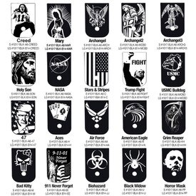 Engraved Base Plates designs like Creed, 47th. President, USMC Bulldog, Mary, Caduceus, Holy Son, Archangel, NASA, Trump Fight, USMC, US Navy, US Army, MAGA, Grim Reaper, Horror Mask, Don't Tread on