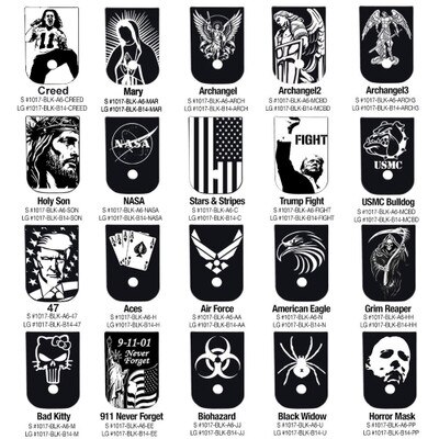 Engraved Base Plates designs like Creed, 47th. President, USMC Bulldog, Mary, Caduceus, Holy Son, Archangel, NASA, Trump Fight, USMC, US Navy, US Army, MAGA, Grim Reaper, Horror Mask, Don't Tread on