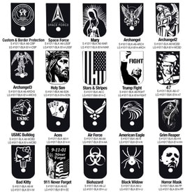 Engraved Base Plates designs like CBP, USSF, 47th. President, USMC Bulldog, Mary, Caduceus, Holy Son, Archangel, NASA, Trump Fight, USMC, US Navy, US Army, MAGA, Grim Reaper, Horror Mask