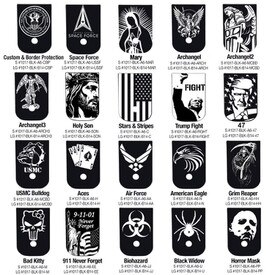 Engraved Base Plates designs like CBP, USSF, 47th. President, USMC Bulldog, Mary, Caduceus, Holy Son, Archangel, NASA, Trump Fight, USMC, US Navy, US Army, MAGA, Grim Reaper, Horror Mask