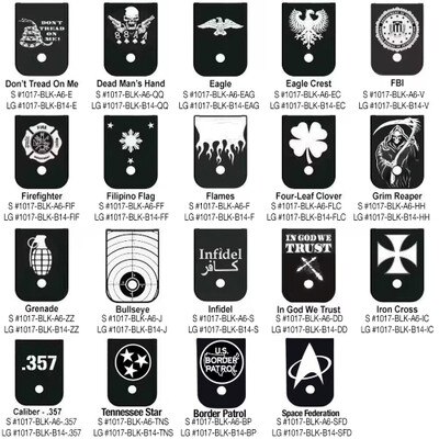 Engraved magazine base plate designs such as Don't tread on me, FBI, Grim Reaper, Four leaf clover and more