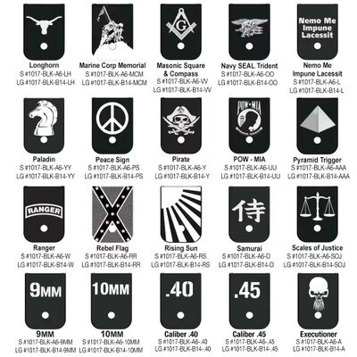 Engraved Base Plates with designs like Executioner Pirate, Rebel Flag, Scales of Justice, and many more.