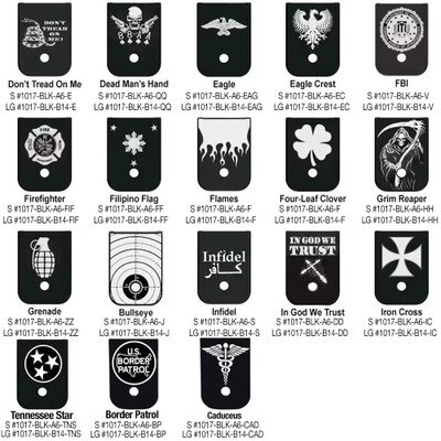 magazine base plate engrave, custom glock magazine base plate, Designs like Caduceus, Grim Reaper, Skull & Crossbones, Sparta, Star of David. Stars & Stripes. Trump Fight