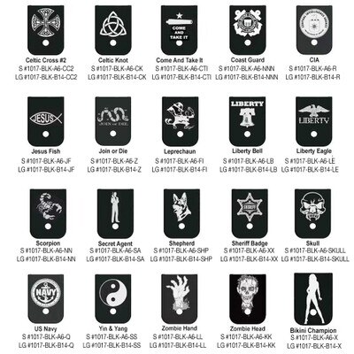 Engraved Base Plates designs like Mary, Caduceus, Holy Son, Archangel, NASA, Trump Fight, USMC, US Navy, US Army, MAGA, Grim Reaper, Horror Mask, Celtic Knot