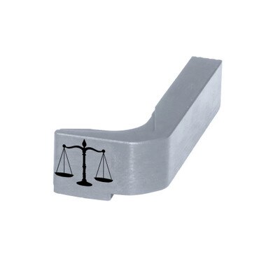 Scales of Justice engraved by Glockstore on a silver mag release
