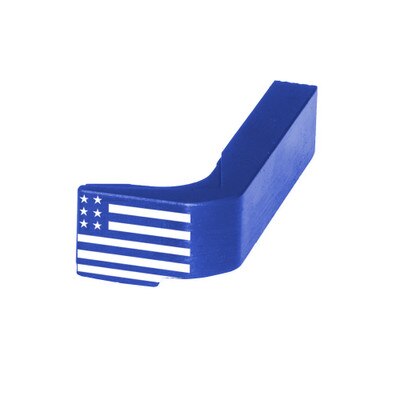 Blue custom engraved magazine release Stars & Stripes design