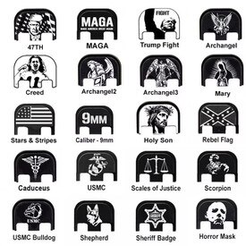 Engraved Slide Cover Plate designs like Creed, Trump 47th President, USMC Bulldog, Mary, Caduceus, Holy Son, Archangel, NASA, Trump Fight, USMC, US Navy, US Army, MAGA, Grim Reaper, Horror Mask, Don'