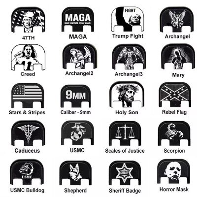 Engraved Slide Cover Plate designs like Creed, Trump 47th President, USMC Bulldog, Mary, Caduceus, Holy Son, Archangel, NASA, Trump Fight, USMC, US Navy, US Army, MAGA, Grim Reaper, Horror Mask, Don'