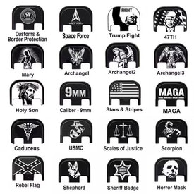 Engraved Slide Cover Plate designs like USSF, CBP, Trump 47th President, Mary, Caduceus, Holy Son, Archangel, NASA, Trump Fight, USMC, US Navy, US Army, MAGA, Grim Reaper, Horror Mask,