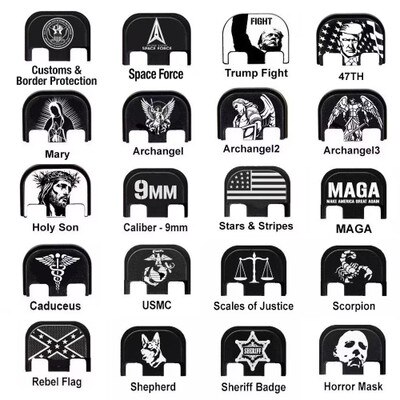 Engraved Slide Cover Plate designs like USSF, CBP, Trump 47th President, Mary, Caduceus, Holy Son, Archangel, NASA, Trump Fight, USMC, US Navy, US Army, MAGA, Grim Reaper, Horror Mask,