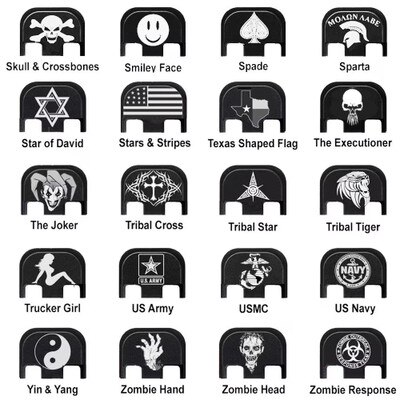 Engraved slide cover plates for Glock handguns, Texas flag, Spade, Sparta