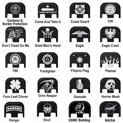 Engraved Slide Cover Plates. Designs like Archangel. NASA, Trump Fight, USMC, US Navy, US Army, MAGA, Grim Reaper, Horror Mask, Don't Tread on Me, FBI, CIA, POW, Four Leaf Clover and more