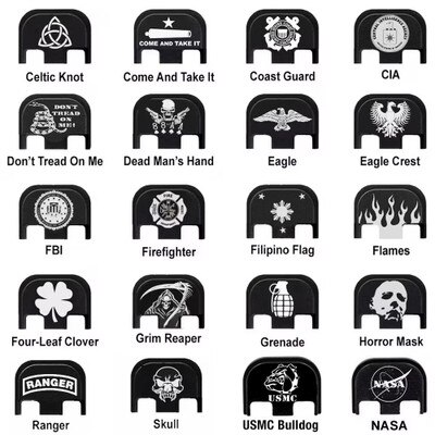 Engraved back plate for Glocks with designs like Come and take it, CIA, FBI, Filipino Flag and more