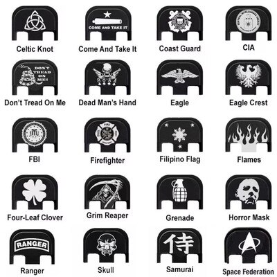 Slide Cover plates with designs such as Infidel, Horror Mask, In God We Trust, Jesus Fish, Join or Die, Pirate, Navy Seal Trident, and more