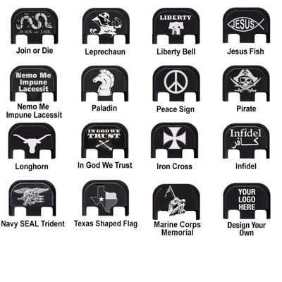 Laser engraved slide cover plates with designs like Join or Die, Jesus Fish