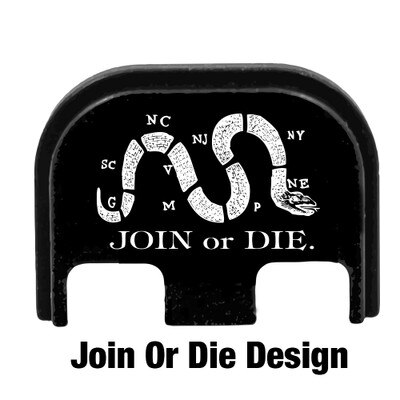 Join Or Die engraved on a Glock slide cover plate