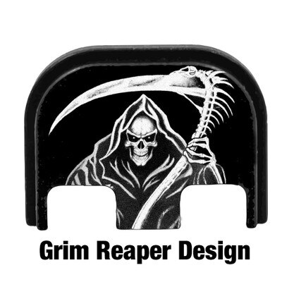 Grim Reaper design engraved on a Glock slide cover plate