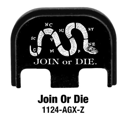 Join Or Die engraved on a Glock slide cover plate