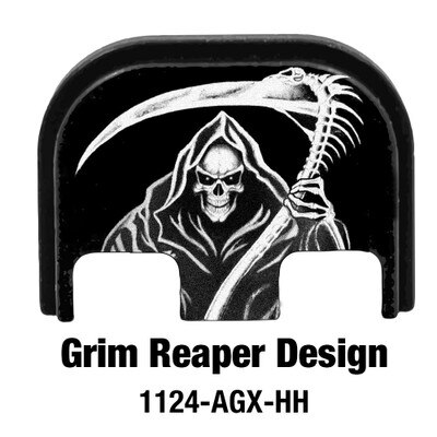 Grim Reaper design engraved on a Glock slide cover plate