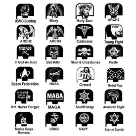 Engraved Slide Cover Plates. Designs like Archangel. NASA, Trump Fight, USMC, US Navy, US Army, MAGA, Grim Reaper, Horror Mask, Don't Tread on Me, FBI, CIA, POW, Four Leaf Clover and more
