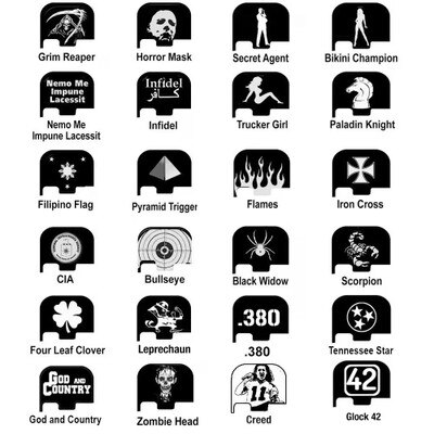 G42 engraved slide cover plates with designs like Horror Mask, Grim Reaper, and more