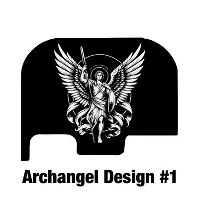 Archangel design laser engraved on a Glock 42 slide cover plate