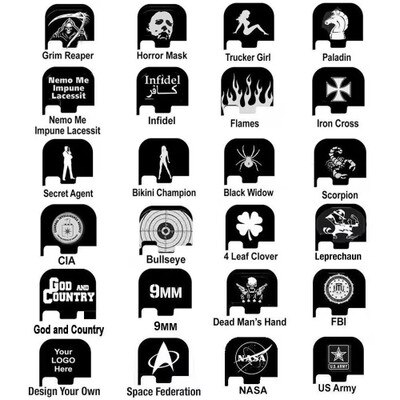 Engraved Slide Cover Plates. Designs like Leprechaun, Horror Mask, Don't Tread on Me, FBI, CIA, POW, Four Leaf Clover and more