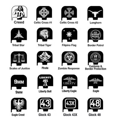 Glock 43 engraved back plates with designs like Celtic Cross, Pirate, Border Patrol