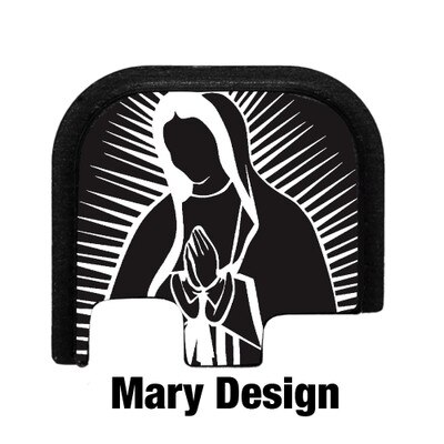 Virgin Mary design engraved on a Glock 43 slide cover plate